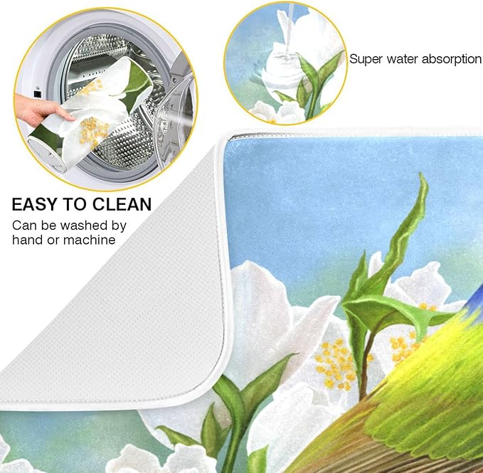 Absorbent Dish Drying Mat for Kitchen Counter - Peach Blossom Blue Hummingbird Microfiber Drying Pad, Reversible Drainer Mats for Countertop, Small 16" x 18"