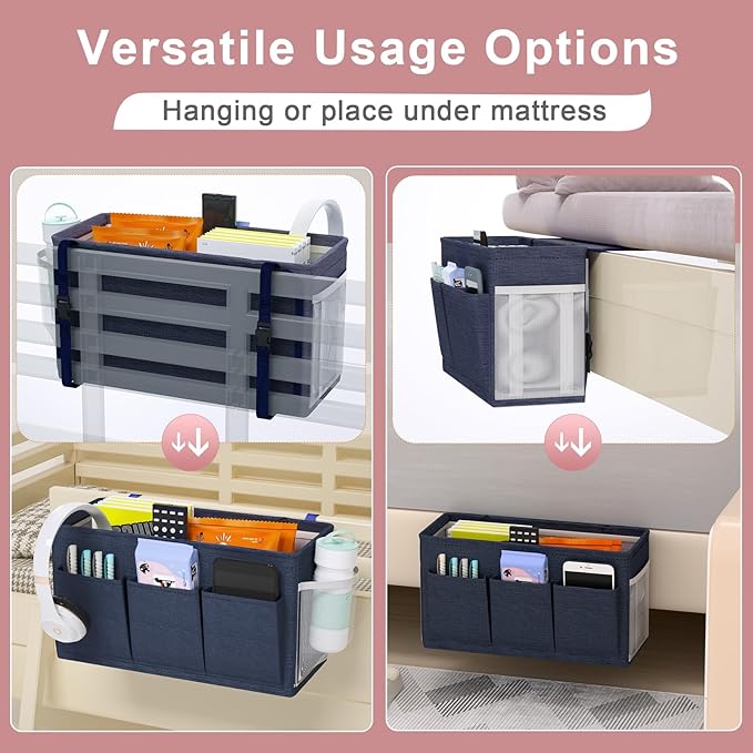 Dual-purpose Bedside Caddy Bedside Organizer, Bed Caddy with 6 Pockets, Versatile Bedside Storage Solution Magazine Remotes holder, ideal for Home, Dorm, Hospital, Crib Bed (Navy 2pcs)-NeatNest