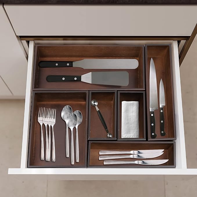 Bamboo Drawer Organizer - Kitchen Utensil Organizer Silverware Tray Cutlery Holder,Office Desk Supplies and Accessories,5.9 * 3 * 2.6,Nut-brown-NeatNest