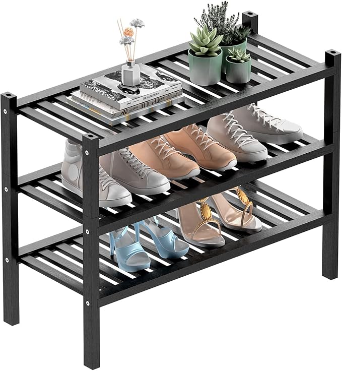3 Tier (Thick) Bamboo Shoe Rack for Entryway, Small Wood Shoe Shelf Storage Organizer for Closet, Shoe Stand for Hallway, Stackable and Sturdy 27"x12"x21" Black-NeatNest