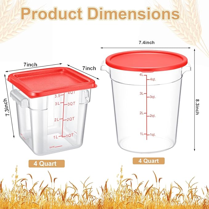 4 Pcs Food Storage Container with Lids Set 4 Qt Square and Round Clear PC Commercial Containers with Scale Handle for Home Restaurant Kitchen Food Storage, Dough Rise, Flour(Red)