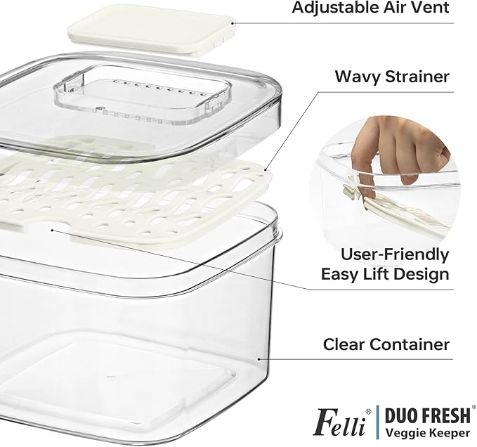 Felli Duo Fresh Veggie Keeper Bin with Vent + Drain Trays, RECTANGLE Fridge Vegetable Fruit Container for LONG & LARGE Produce Storage Lettuce Cabbage Celery Cucumber Organizer for Refrigerator