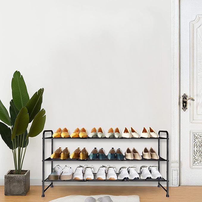 3-Tier Long Metal Shoe Rack,Extra Large Capacity Adjustable Stackable Shoe Organizer Shelf for Closet Entryway, Bedroom,Living Room, Floor,Hallway Shoe Shelf,Black 42" W × 24.5" H-NeatNest