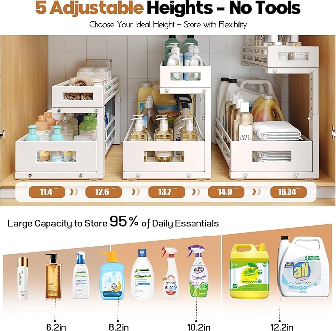 2-Pack 19"Deep Under Sink Organizer And Storage, 2-Tier L-Shaped Pull Out Cabinet Organizer with Upgraded Slide Rails, Height Adjustable Drawers for Kitchen&Bathroom, Extra-Large Storage Shelves–White-NeatNest