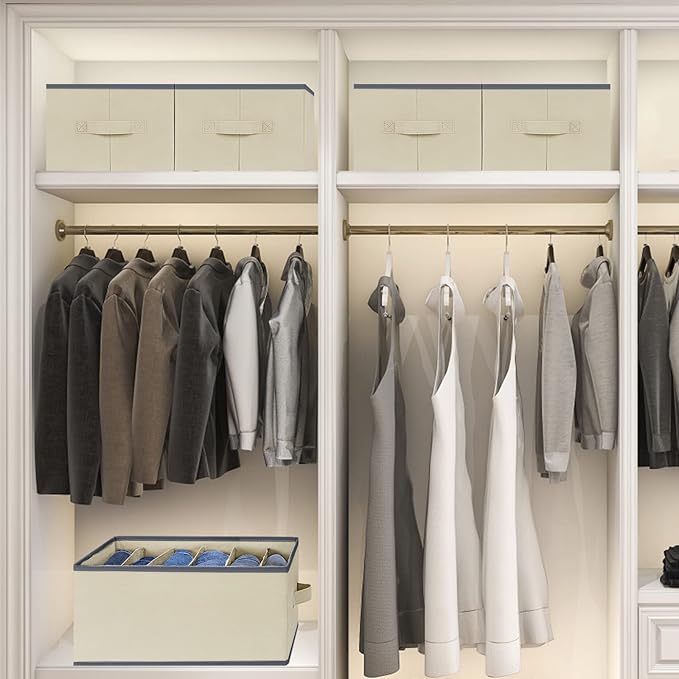 3 Pcs Large Size Wardrobe Clothes Organizers 6 Grids for Pants, Jeans, Sweater, T-shirt, Thin Coat, Dress Stackable Closet Drawer Organizer Storage Bin Container with Sturdy Handles, Beige-NeatNest