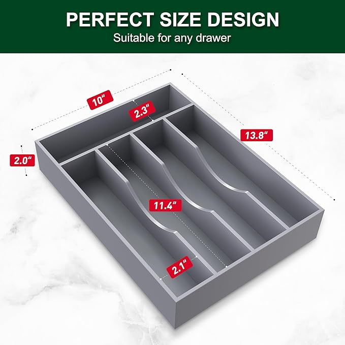 Bellsal Grey Utensil Organizer 10 Inch Silverware Tray for Drawer Utensil Holder Cutlery Organizer Kitchen Drawer Organizer 5 Compartment Small Narrow Bamboo-NeatNest