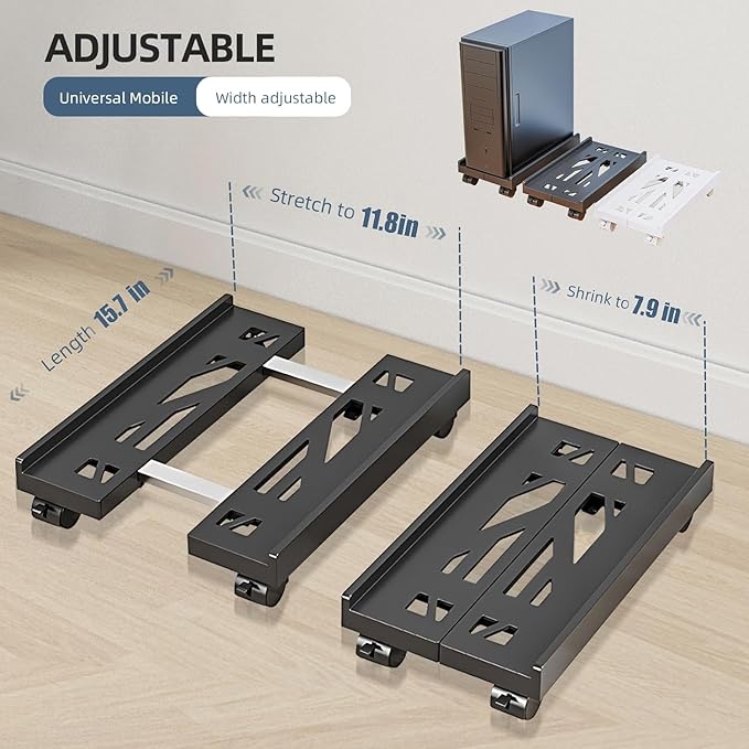 Adjustable Mobile CPU Stand, Ventilated Computer Tower Stand with 4 Caster Wheels Fits Most PC Tower, Under Desk CPU Holder PC Floor Cart Computer Riser for Gamers and Students (Gray)