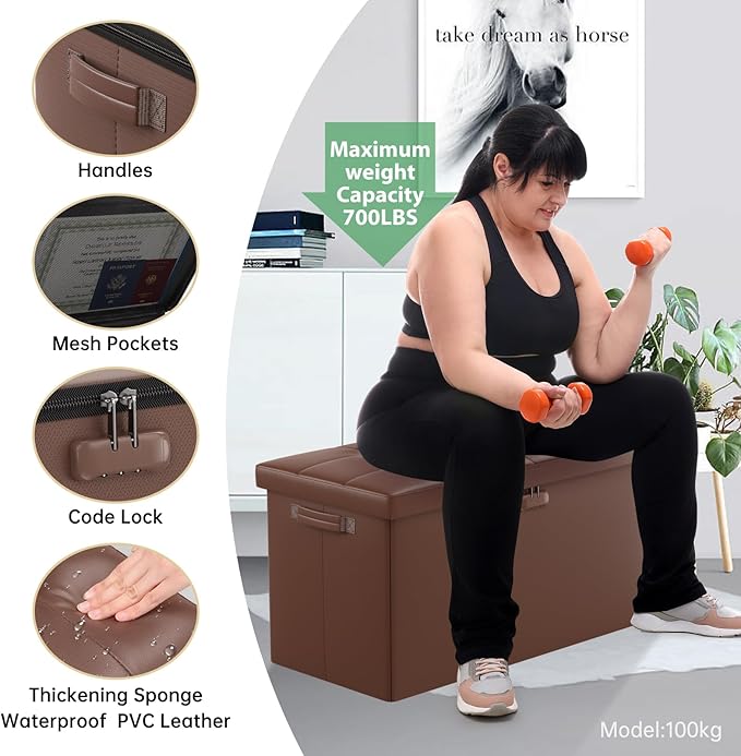 DocSafe Storage Ottoman Bench with Lock,Fireproof 30 Inches Folding Bench Foot Rest Stool Storage Chest Safe for Living Room,Bedroom,Home Office,Waterproof Leather Ottoman with Handles,Brown-NeatNest