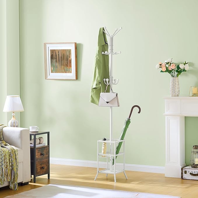 FAVOOSTY Coat Rack Freestanding,Coat Rack Stand with Umbrella Holder,Metal Coat Tree with 12 Hooks,Tree Clothes Hat for Entryway, Hallway, Bedroom, Living Room & Office -White-NeatNest