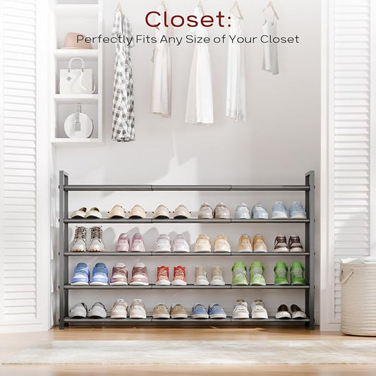 Bumusty 5-Tier Long Expandable Shoe Rack for Closet, 18"-44" Adjustable Shoe Rack for Entryway, 25-30 Pairs Large Shoe Organizer Shelf Storage, Sturdy Metal, Grey-NeatNest