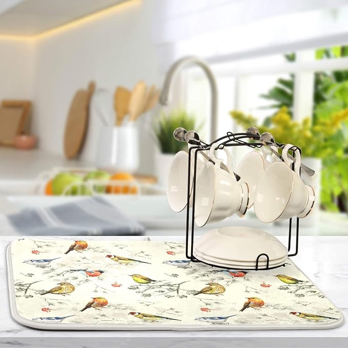Absorbent Dish Drying Mat Microfiber Dish Drying Pad Reversible Drainer Mats for Countertop, Spring Cute Birds Kitchen Counter Decor, 16'' x18''