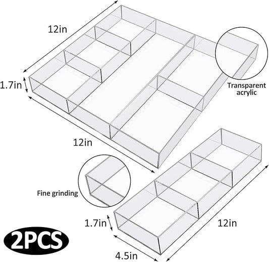 Chunful Clear Drawer Organizer 2 Pieces 6 Section Clear Desk Organizer with Dividers 3 Section Acrylic Makeup Tray Divided Drawer Inserts Sectioned Tray Makeup Storage-NeatNest