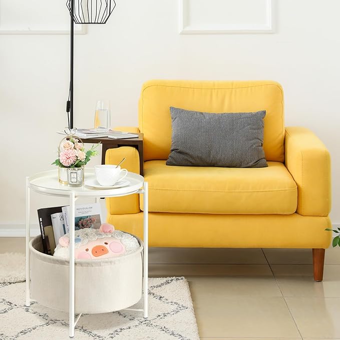 danpinera Round Side Table with Fabric Storage Basket, Metal Side Table Small Bedside Nightstand with Removable Tray Top for Living Room, Bedroom, Nursery, Laundry, White-NeatNest