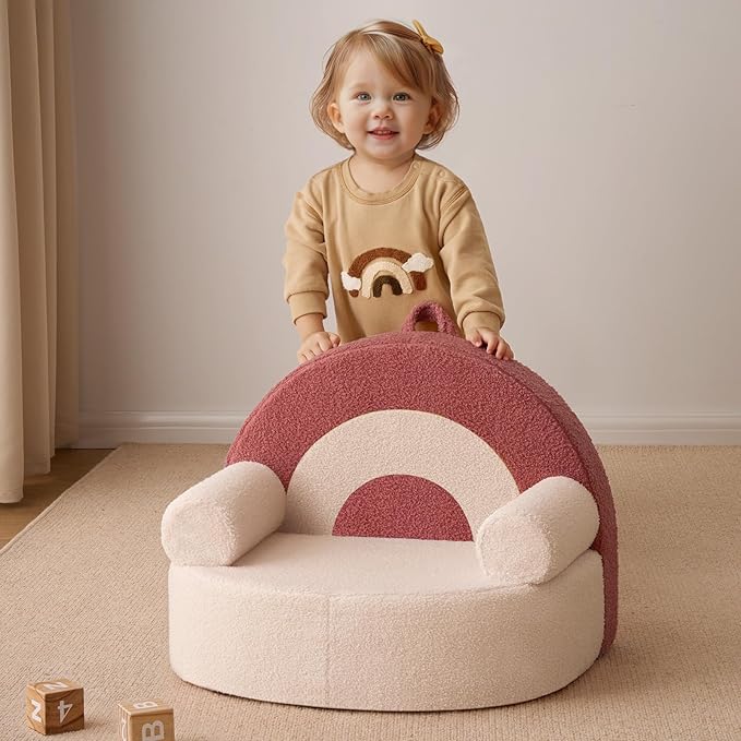 Blissful Diary Toddler Chair Comfy, Foam Kids Chair with Soft Teddy Plush, Toddler Reading Armchair with Cute Arclet Designs- Light Cream-NeatNest