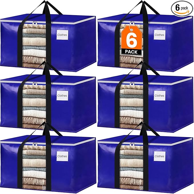 BlissTotes 6 Pack Moving Bags with Clear Window, Storage Bags with Strong Carrying Handles & Zippers,Large Packing Bags for Saving Space, Alternative to Moving Boxes(Blue,24 Gallon)-NeatNest
