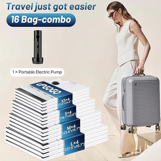 Combo 16 Pack Travel Vacuum Bags for Luggage with Portable Electric Pump,Vacuum Seal Bags for Clothing,Packing Cubes Compression,Cruise Ship and Travel Essentials-NeatNest