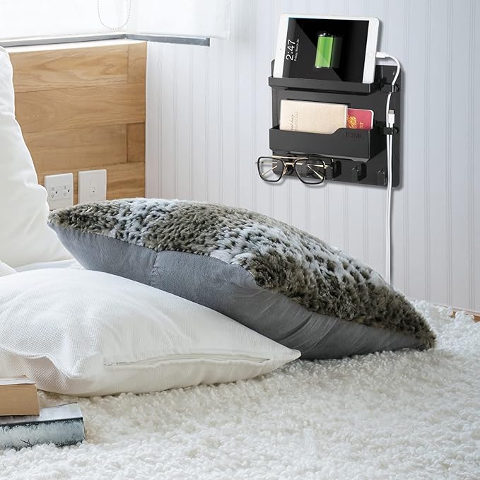 Bedside Wall Mount Shelf, Adhesive Bedside Organizer for Remote、Phone、Glasses. Bedside Accessories Storage suitable for College Dorm 、bunk bed 、 Bedroom、Rv(Black)-NeatNest