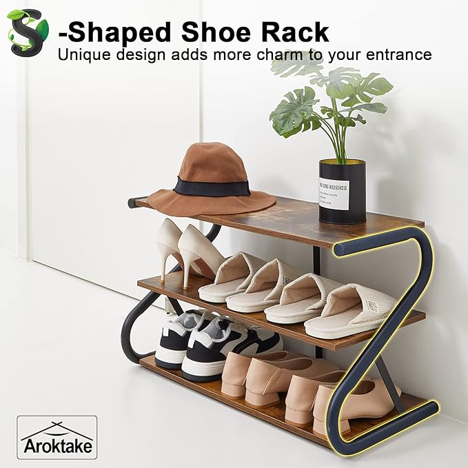 3-Tier Shoe Rack, Z-Frame Wooden Shoe Shelf with Durable Metal Shelves for Hallway, Living Room, Closet, Bedroom (Rustic)-NeatNest