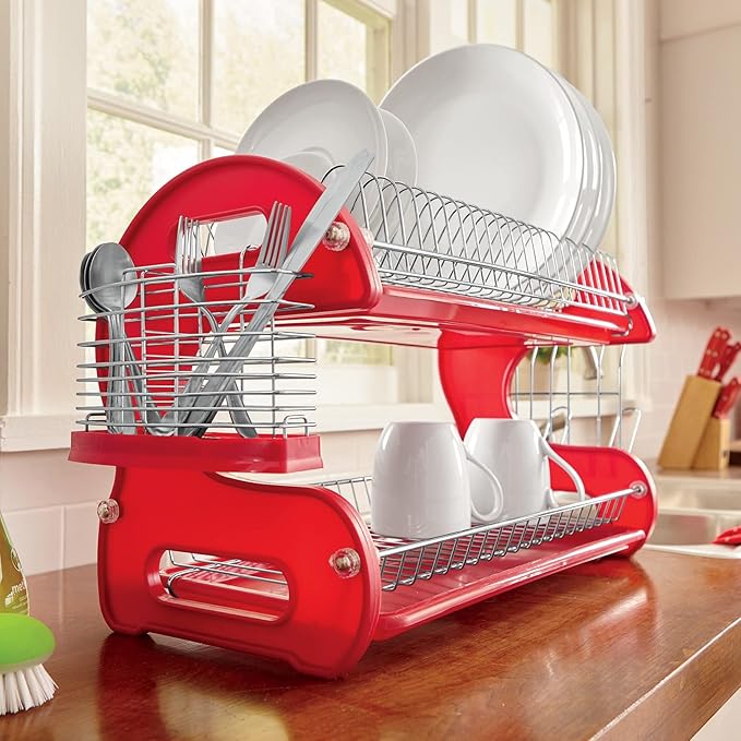 Montgomery Ward Retro 2-Tier Dish Rack, Space-Saving Design, Durable Plastic and Chrome-Plated Wire, Easy Assembly (Delicious Red)
