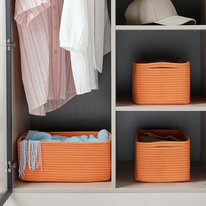 3-Pack Storage Baskets for Organizing | Woven Shelf Toy Basket | Rope Baskets for Gifts Empty | Closet Organizer Bins with Handles | Cube Decorative Box | 13.7×7.1×6.7” | Orange-NeatNest