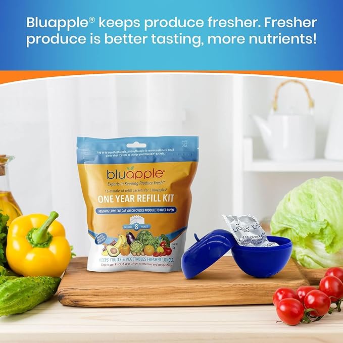 Bluapple Produce Saver Refill Kit - Keep Fruits & Vegetables Fresh Longer, Veggie & Fruit Saver, 8 Packets (9 grams each), Lasts up to 3 Months, Produce Storage, Ethylene Gas Absorber, Made in USA-NeatNest