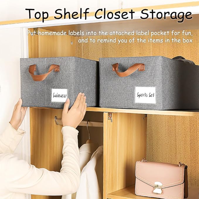 AARAINBOW 4 Pcs Closet Clothes Organizer Bins, Closet Fabric Storage Box with Steel Frame Stackable Shelf Storage Baskets, Fabric Storage Baskets Foldable Closet Shelf Storage Containers, 23L (4 Gray)-NeatNest