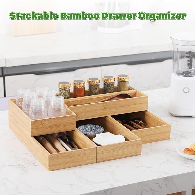 Bamboo Drawer Organizer, 2PCS Stackable Storage Boxes for Utensil Organizer, Wood Tray for kitchen, Bathroom and Bedroom 9" x 6" x 2"-NeatNest