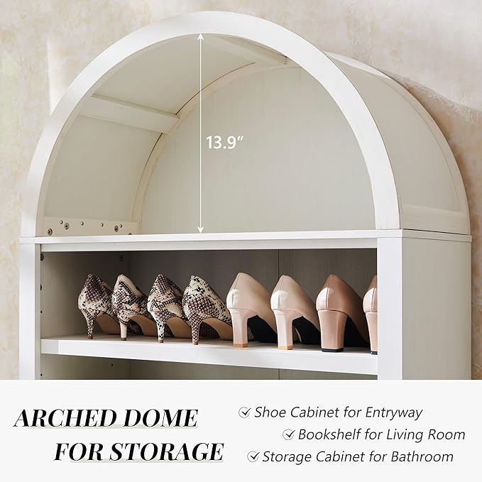 71" Tall Arched Shoe Storage Cabinet, 7 Tiers 28 Pairs Wooden Shoe Rack with 3 Adjustable Shelves, Freestanding Shoe Closet Shelf Organizer for Entryway, Hallway, Living Room (Antique White)-NeatNest