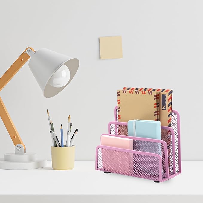 EASEPRES Desk Mail Organizer, Office Small Desktop Metal Mesh Envelope Letter Sorter Paper File Holder Organizer with 3 Vertical Upright Compartments, Pink 1 Pack