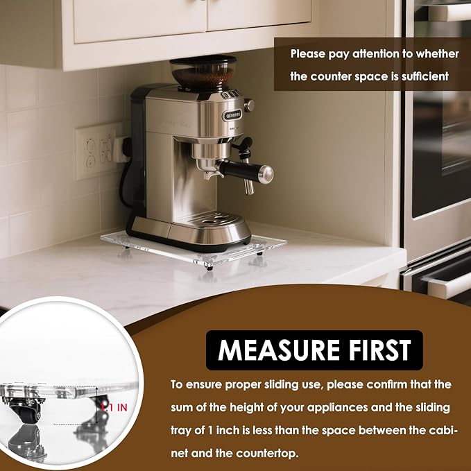 360° Sliding Tray for Coffee Maker & Kitchen Appliances - Silent Rubber Wheels, Clear Acrylic Organizer Tray for Under Cabinet - Space Saving Countertop Accessory, 9.8x14 Inch (Clear)