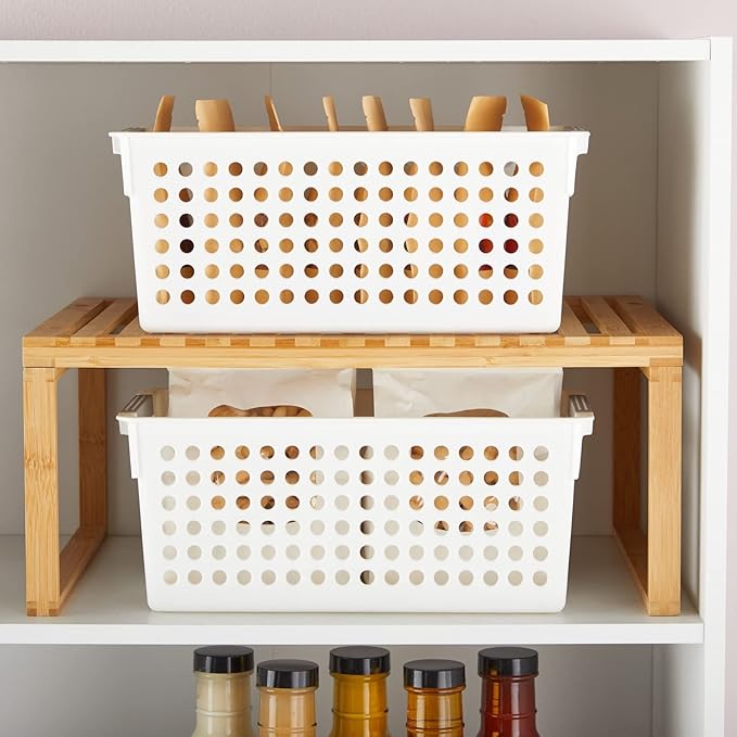 Farmlyn Creek Storage Baskets for Shelves - 4-Pack White Plastic Baskets w/ Gray Handles, 11.5 x 5.25 x 5 in - Narrow Shelf Bins & Closet Storage Bins for Bathroom, Nursery