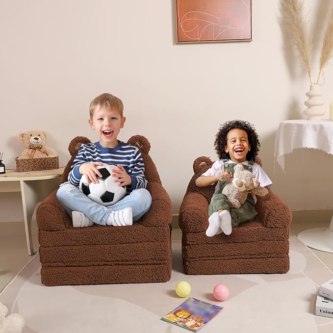 Foldable Kids Sofa, Sherpa Teddy Bear Toddler Couch with Tri Folding Foam Cushions, Comfy Couch for Kids Age 18 Months and Up-NeatNest