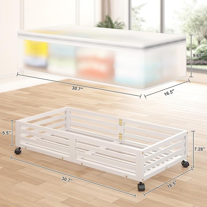 Bamboo Under Bed Storage Containers- Underbed Organizer with Wheels with Large Capacity Dust Bag,Sturdy Wood Rolling Under Bed Shoe Storage Organizer 2 Packs (White, 1 Packs (23.62"×16.54"))-NeatNest