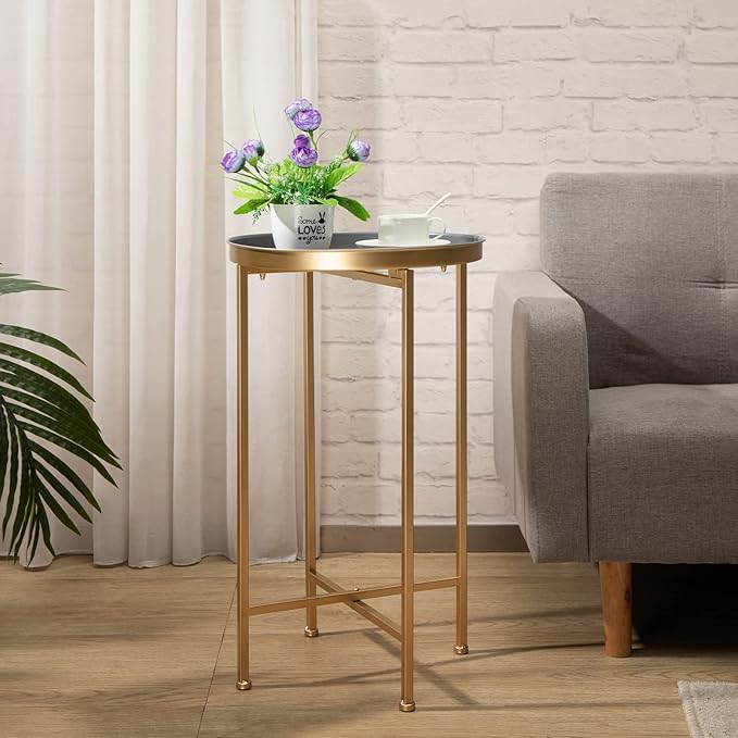 HollyHOME Small Round Metal Waterproof End Table, Accent Indoor&Outdoor Coffee Side Table, Snack Sofa Table for Living Room, Anti-Rust Decorative Plant Stand, (D) 14.5" x (H) 25", Gold/Grey-NeatNest