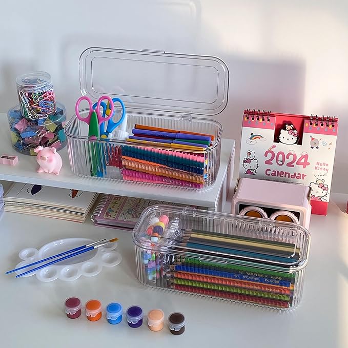 Clear Pen Organizer with Lid, Plastic Desk Drawer Accessories Storage Box for Home Office and School Classroom Organization, Art and Crafts Case for Marker, Pencils, Stationery-NeatNest
