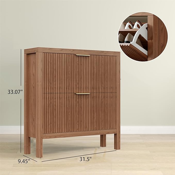 Modern 2-Tier Flip Drawer Shoe Cabinet, Freestanding Hidden Slim Narrow Shoe Rack Cabinet, Wooden Large Capacity Shoe Storage Cabinet Shoe Organizer, for Entryway, Hallway, Walnut-NeatNest