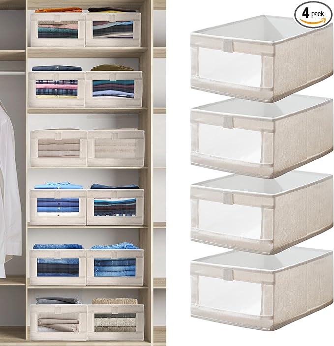 4 Pack Linen Closet Organizers and Storage, Closet Storage Bins Linen Closet Baskets for Closet Organization Foldable Closet Organizer Bins with Clear Window for Organizing Clothing, Beige-NeatNest