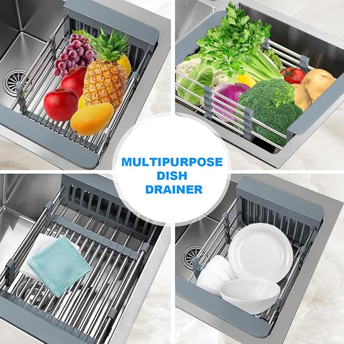 Dish Drying Rack Kitchen Sink Organizer: Expandable Stainless Steel Dish Drainer – Rustproof Sink Dish Drying Rack – Upgraded Dish Racks for Kitchen Counter with Adjustable Arms Holder