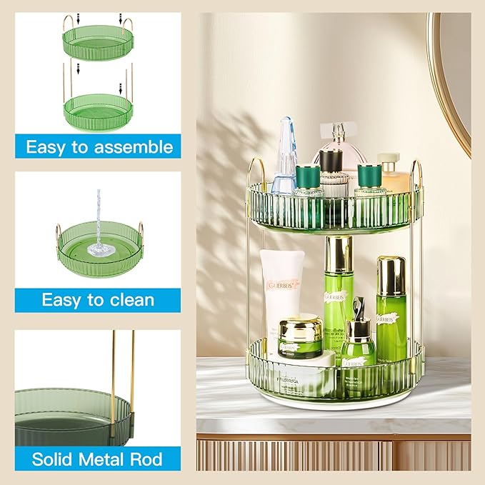 360 Rotating Makeup Organizer - Large Capacity Spinning Perfume & Cosmetic Skincare Holder for Vanity & Countertop (Gem Green, 2 Tier)-NeatNest