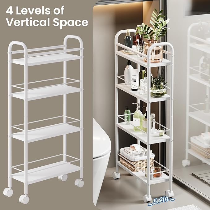 Slim Storage Cart, 4 Tier Rolling Utility Cart on Wheels, Narrow Shelving Unit Cart for Small Spaces in Kitchen, Dining Room, Bathroom, Laundry Room, White