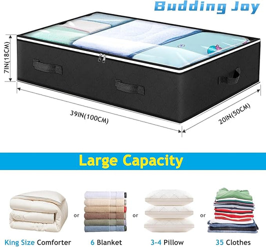 Budding Joy 90L Under Bed Storage Containers, Closet Organizers and Storage Bins, Foldable Underbed Storage Bags for Blankets, Towels, Comforter, Sweaters, Pillows, Linen Sheets, Wrapping Paper,Black-NeatNest
