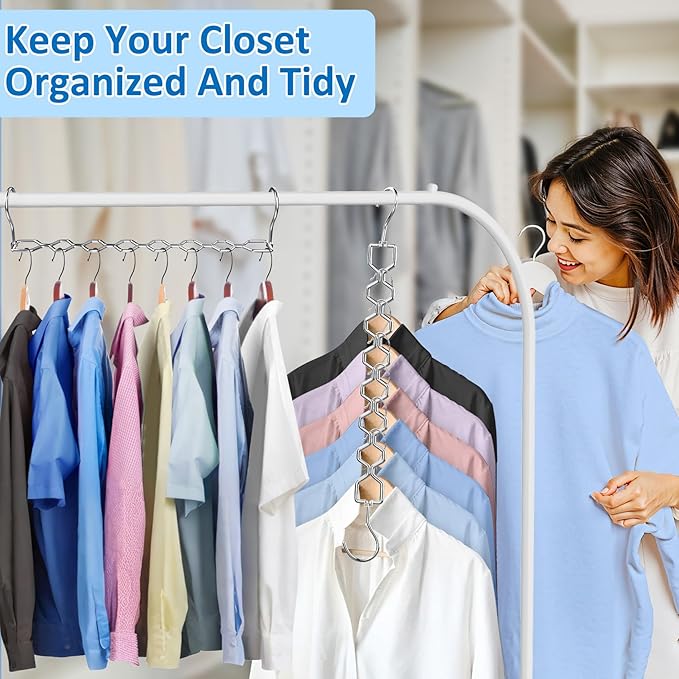 12 Pack Space Saving Hangers for Clothes, Heavy Duty 30Lbs Capacity Magic Collapsible Clothes Space Saver Metal Hanger Organizer with 360° Swivel Hook, Closet Organizers Storage Dorm Essentials Silver-NeatNest