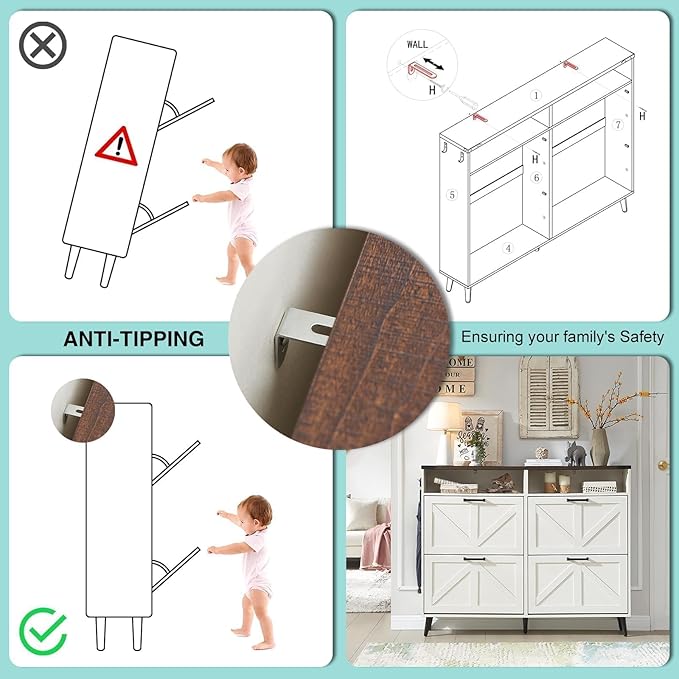 Shoe Storage Cabinet,Farmhouse Shoe Organizer with 4 Flip Drawers & Barn Door Design,Freestanding Hidden Slim Narrow Shoe Rack with Open Shelves for Entryway,Foyer,Hallway,Antique White-NeatNest