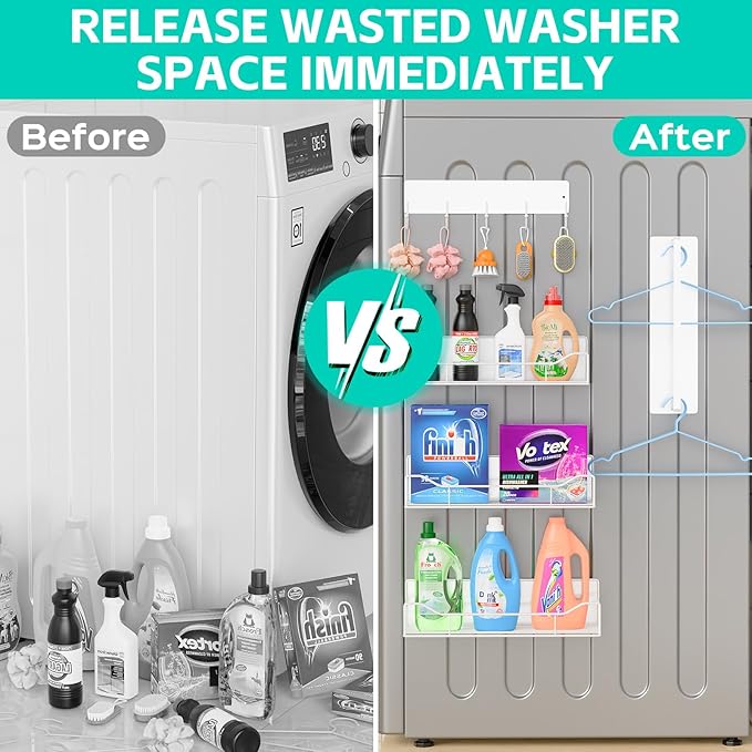 5 Pack Multifunctional Magnetic Shelves for Washing Machine & Refrigerator - Heavy Duty Laundry Room Organization System with Tool Hooks, Metal Storage Baskets (White)