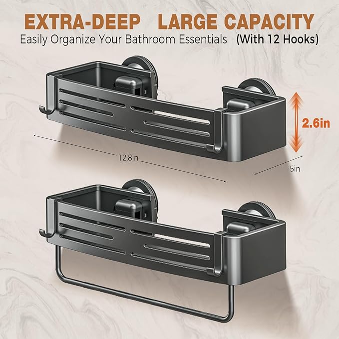 Lekesky Suction Cup Shower Caddy, No Drill Shower Shelves with a Towel Bar, Aluminum Rust Proof Bathroom Shower Organizer with 12 Hooks (2-Pack, Gunmetal Gray)
