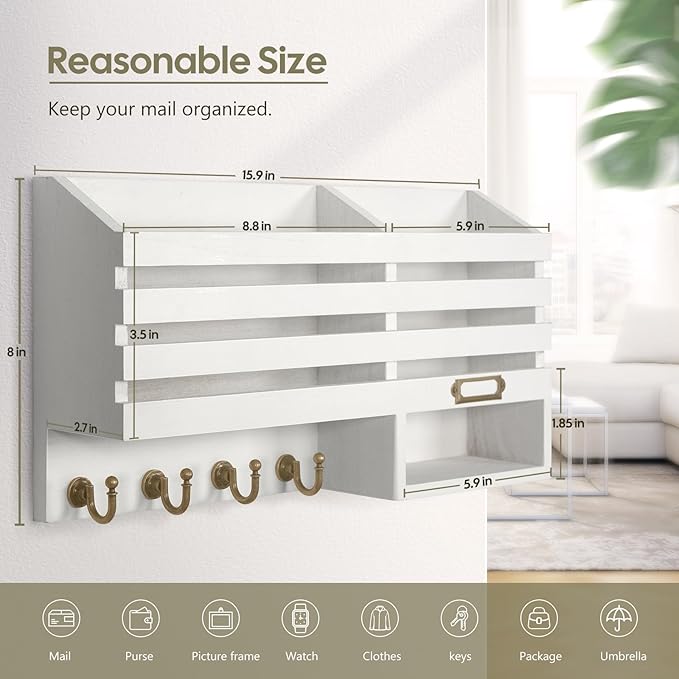 FifthQuarter Key Holder for Wall: Easy Mounted Key Rack and Mail Organizer with Store Shelf and Four Sturdy Keys Hooks Decor in Kitchen|Farmhouse|Entryway|Mudroom (White)