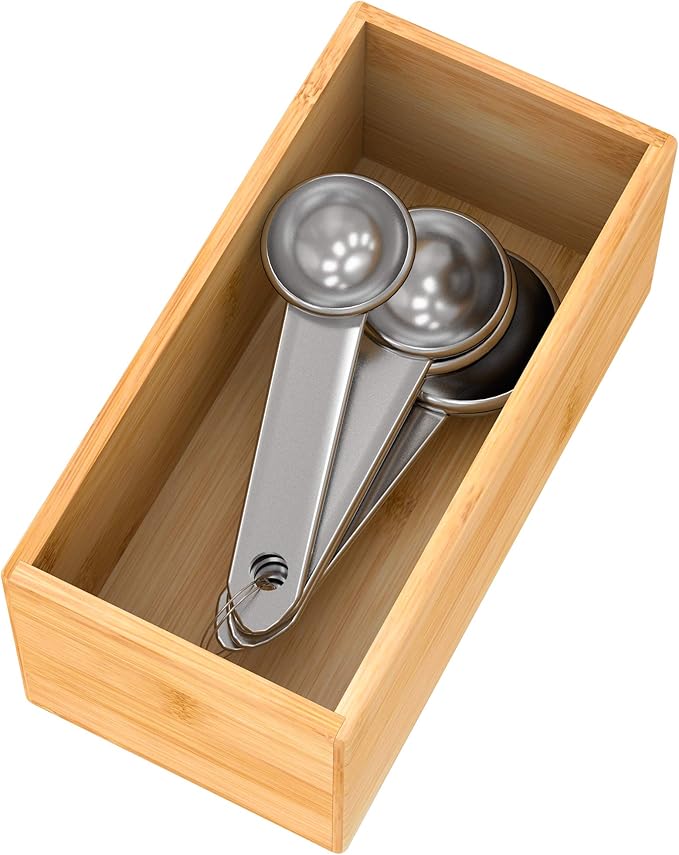 Bamboo Drawer Organizer Utensil Holder for Kitchen, Small Wood Silverware Storage Organizer, Stackable Box Tray for Cutlery, Flatware, Bathroom Caddy for Makeup, Perfume, Jewelry, 6x3x2.5 Inch-NeatNest