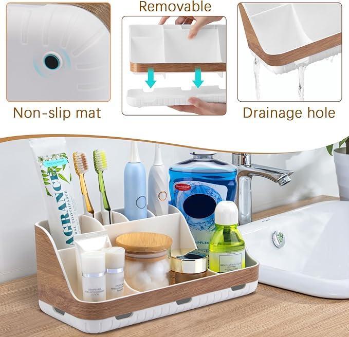 Bathroom Countertop Organizer - Detachable 7 Slots Kids Electric Toothbrush and Toothpaste Holde Drainage for Bathroom Accessories Organization Counter Vanity Storage, Woodgrain-NeatNest