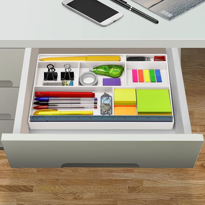 Acrimet Desk Drawer Organizer Tray with 8 compartments Bin Multi-Purpose for Desk Supplies and Accessories (Plastic) (White Color)-NeatNest