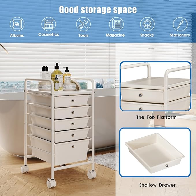 6-Tier Rolling Cart with 5 Drawers, Rolling Utility Cart with 2 Lockable Caster Wheels, Multipurpose Mobile Rolling Storage Drawer Cart for Office Bathroom Kitchen, Ivory White